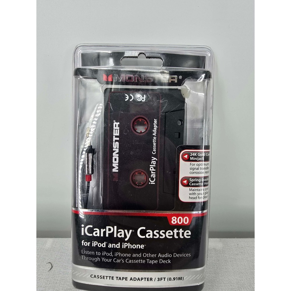 Monster iCarPlay Cassette 800 Adapter for iPod iPhone 3.5mm Aux 3ft Cable NEW